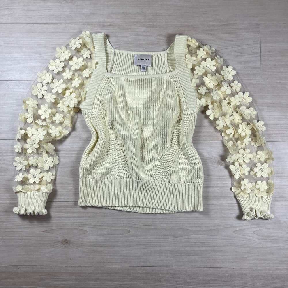 Industry Republic Clothing Floral Mesh Sleeve Sweater Butter Yellow Sz Large